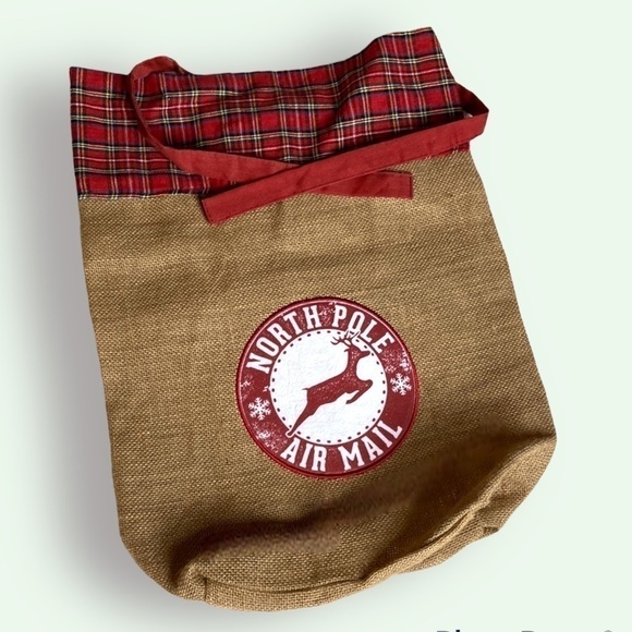 🦄 BURLAP and Tartan North Pole Air Mail Christmas Gift Bag - Picture 1 of 7